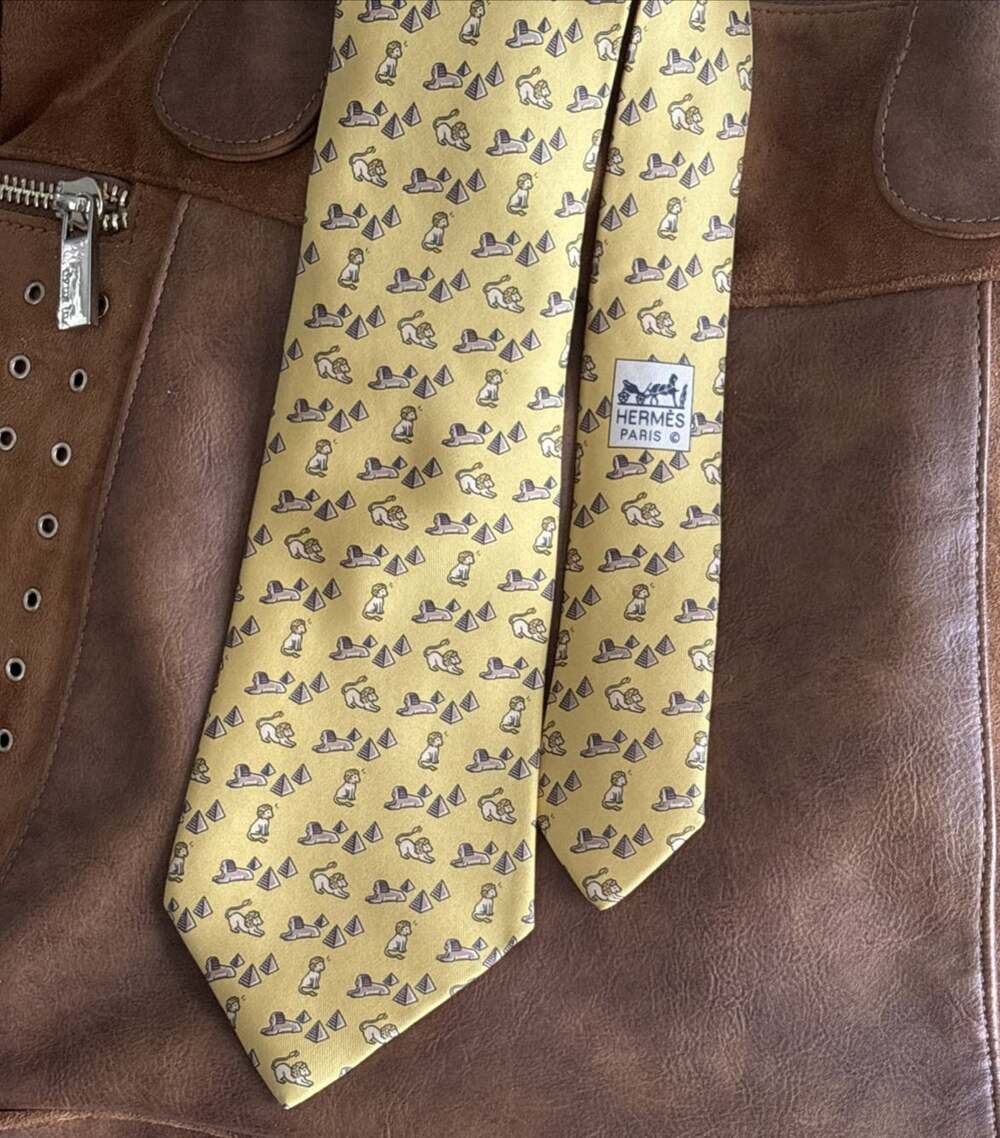 Hermes 100% Silk Tie 5026 PA Yellow Egyptian Pyramids Sphinx 62"